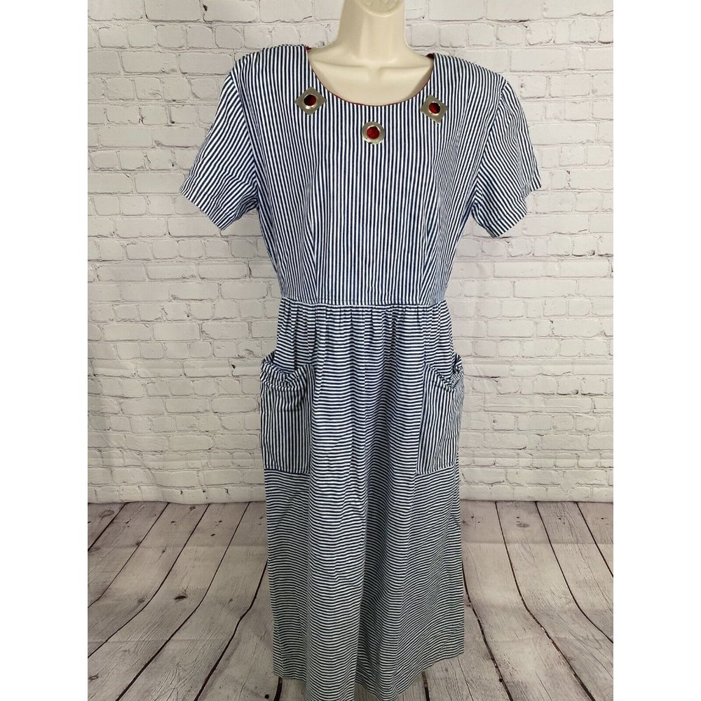 VTG American Design Leslie Lucks Blue/White Striped Gold Accents A Line Dress 12